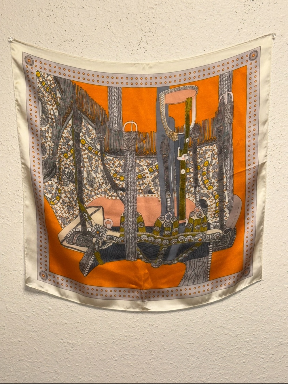 Hermes Orange, Cream and Gray Silk Scarf with Equestrian Motif